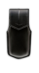 Vertical case in black saddle leather with embossed logo V