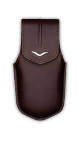 The vertical case is made of brown saddle leather logo V stainless steel