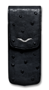 Closed case black ostrich leather with a logo in the shape of the letter V made of stainless steel
