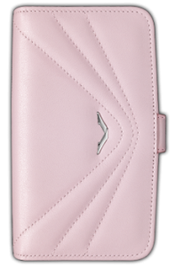 Horizontal case pink calfskin leather with decorative stitching and logo "V" stainless steel