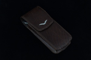 Closed case brown calfskin printed under the skin of a lizard with a logo in the shape of the letter V made of stainless steel