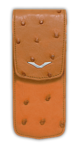 Closed case ostrich leather cognac color with the logo in the shape of the letter V made of stainless steel