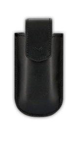 Vertical case in black leather with embossed logo V