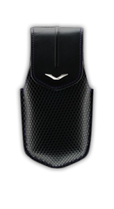 Vertical case in black saddle leather with ribbed front and V logo in stainless steel