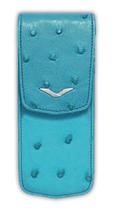Closed case blue ostrich leather with a logo in the shape of the letter V made of stainless steel