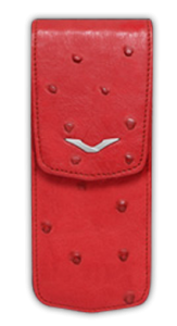 Closed case red ostrich leather with a logo in the shape of the letter V made of stainless steel