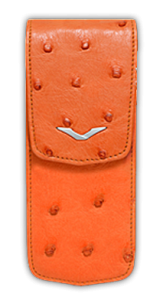 Closed case orange ostrich leather with a logo in the shape of the letter V made of stainless steel