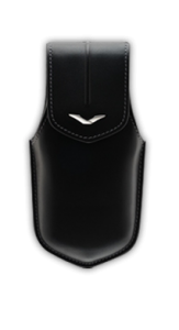 Vertical case in black saddle leather logo V stainless steel