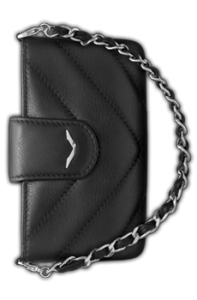 Горизонтальный объемный футляр из черной телячьей кожи с цепочкой и логотипом «V» из нержавеющей стали