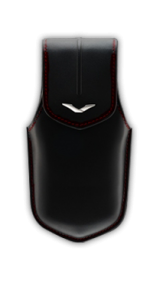 Вертикальный футляр из черной седельной кожи с красной отделкой и с логотипом V из нержавеющей стали